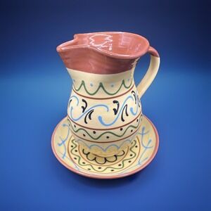 Spanish Handcrafted Folk Art Redware Pottery‎ Sangria Pitcher w/ Bowl Vintage